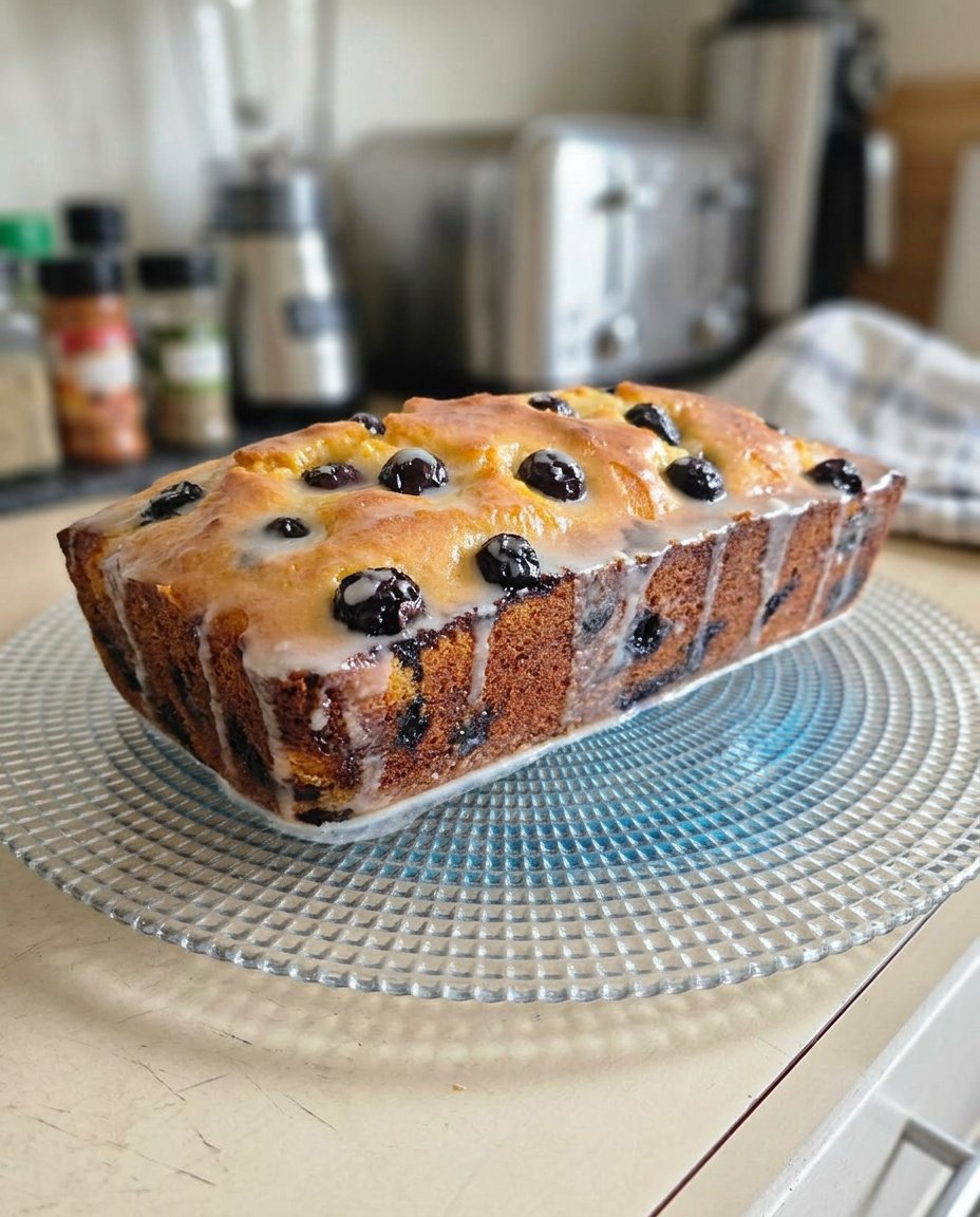 A single slice of lemon blueberry cake served on a vintage plate with a sprig of mint.