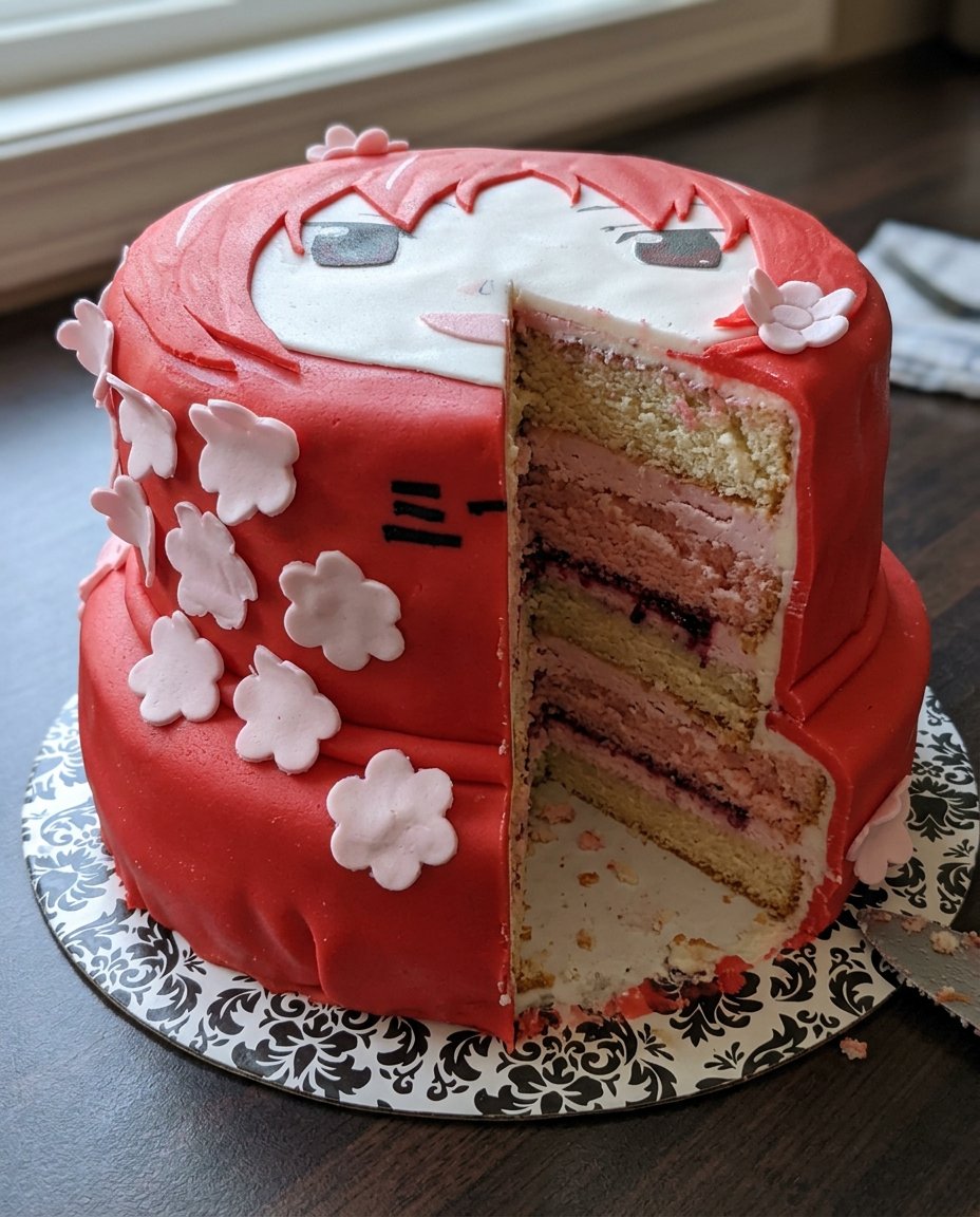 A professionally decorated anime cake with smooth lemon yellow frosting and character art