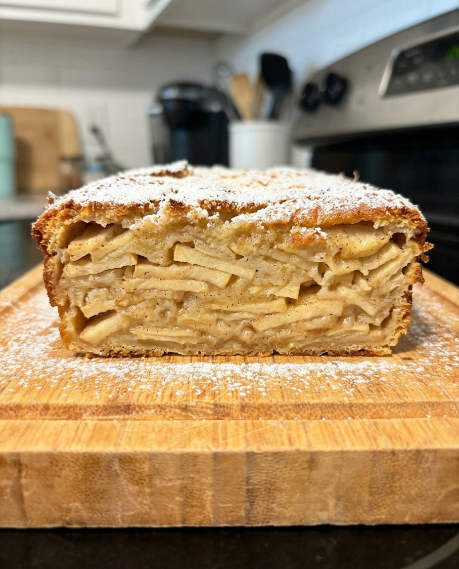 A serving of warm apple dump cake on a white plate with a scoop of melting vanilla ice cream.