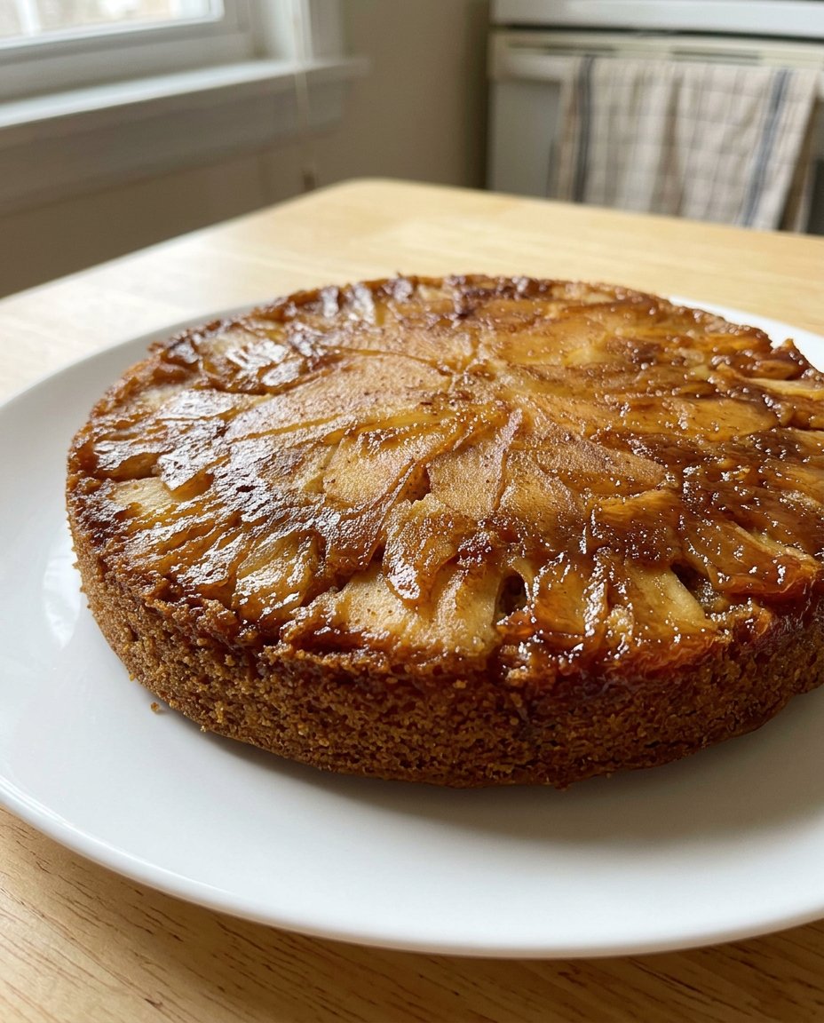 A golden brown apple spice cake cooling in a glass baking dish with decorative apple rows.