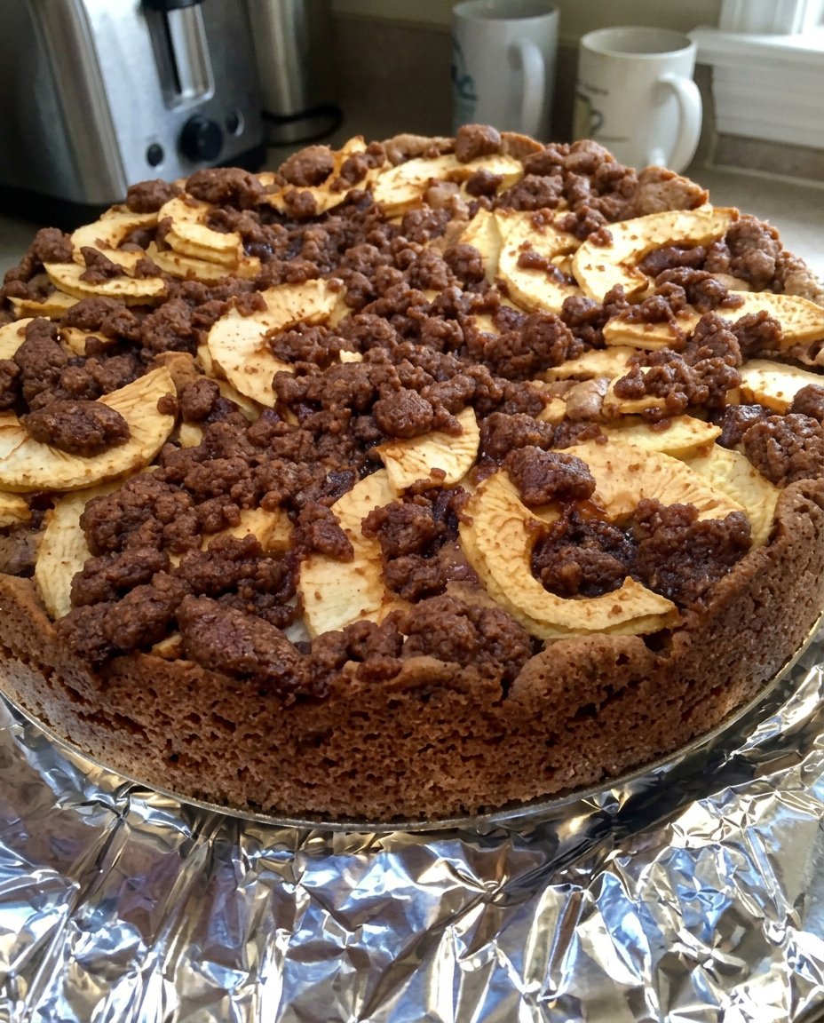 A close up of a slice of apple spice cake showing the moist crumb and almond flour texture.