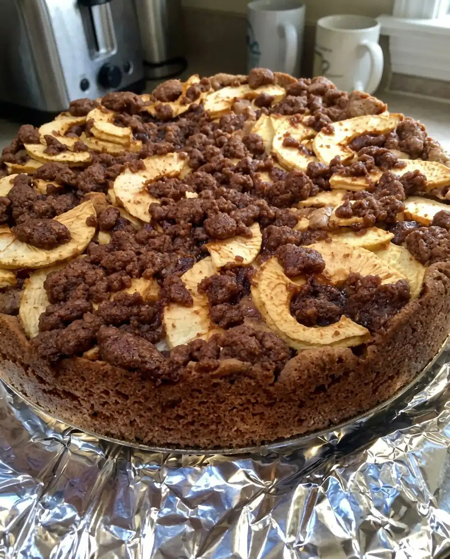 A close up of a slice of apple spice cake showing the moist crumb and almond flour texture.