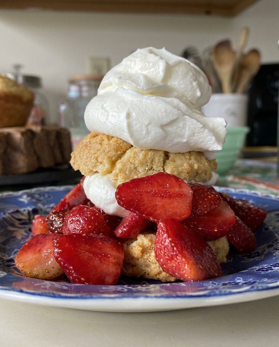 Assembled strawberry shortcake served on a vintage plate outdoors