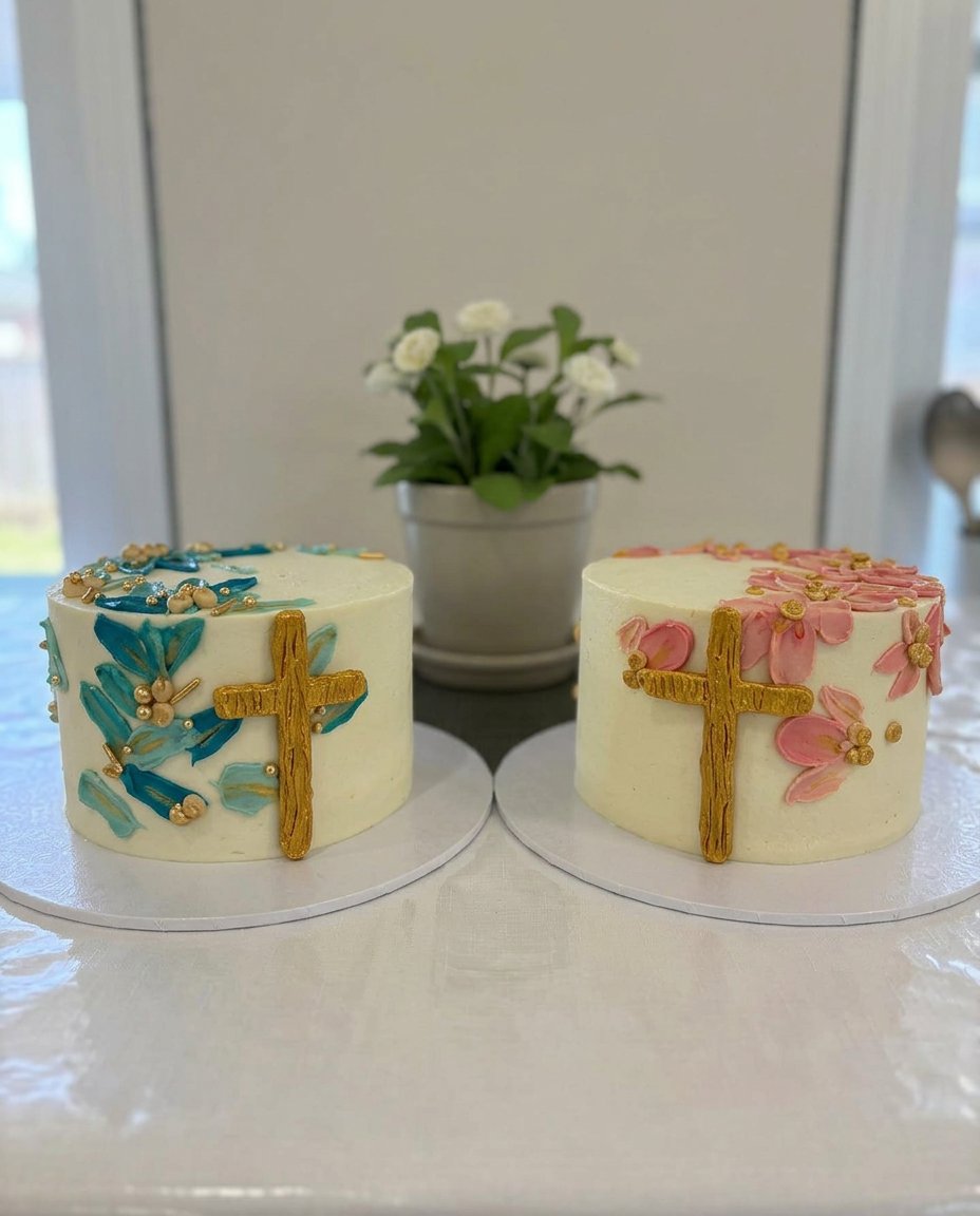 Baptism Cake 14 A slice of white baptism cake served on a decorative plate with fresh flowers nearby