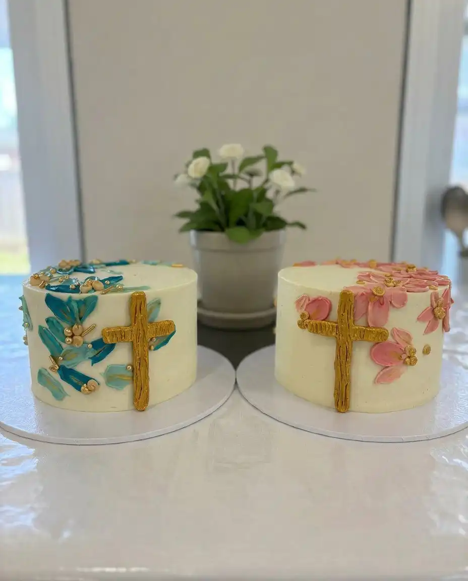 A slice of white baptism cake served on a decorative plate with fresh flowers nearby