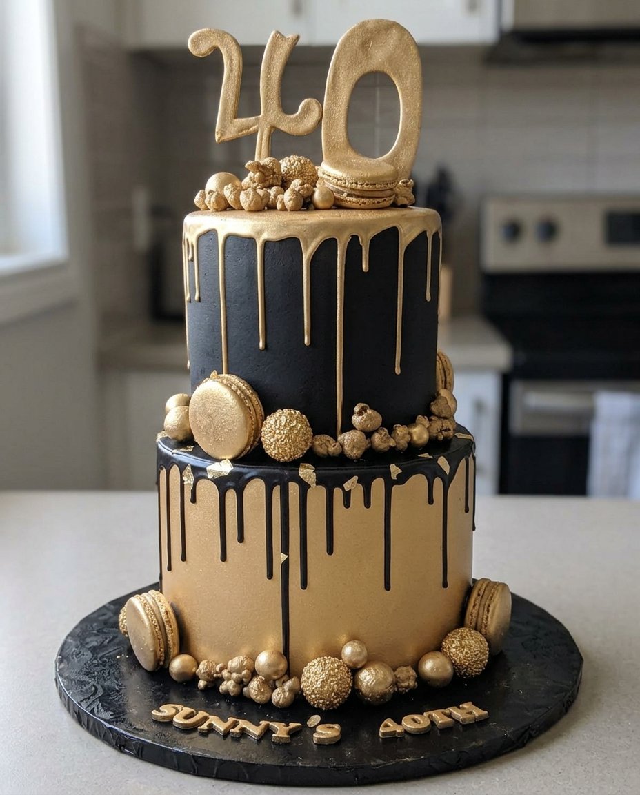 A stunning four layer black and gold cake with a gold ganache drip and candy topper