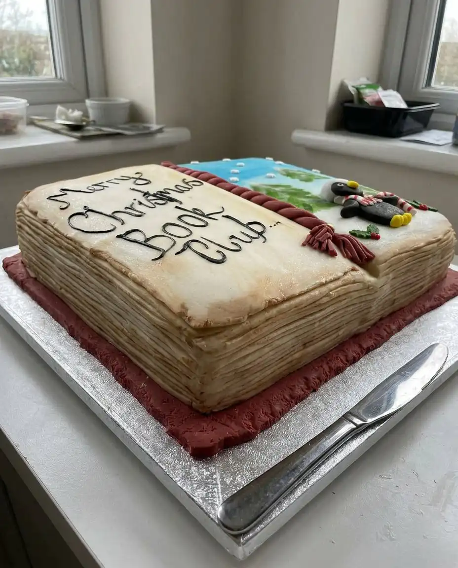 A slice of book cake being served on a classic white porcelain pedestal.