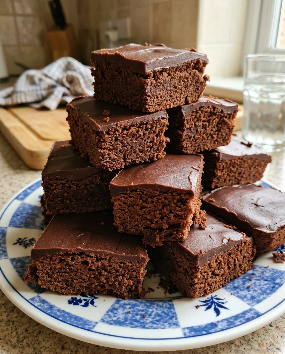 Brownie Cake 13 Glossy chocolate brownie batter being stirred in a glass bowl with a whisk.