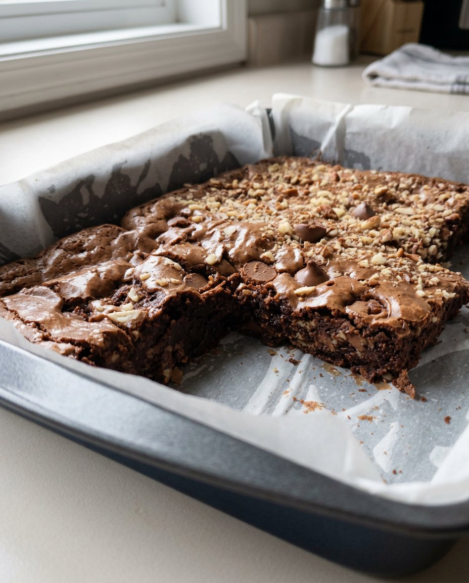A close up view of a brownie cake showing the shiny crackled top and chocolate chips.