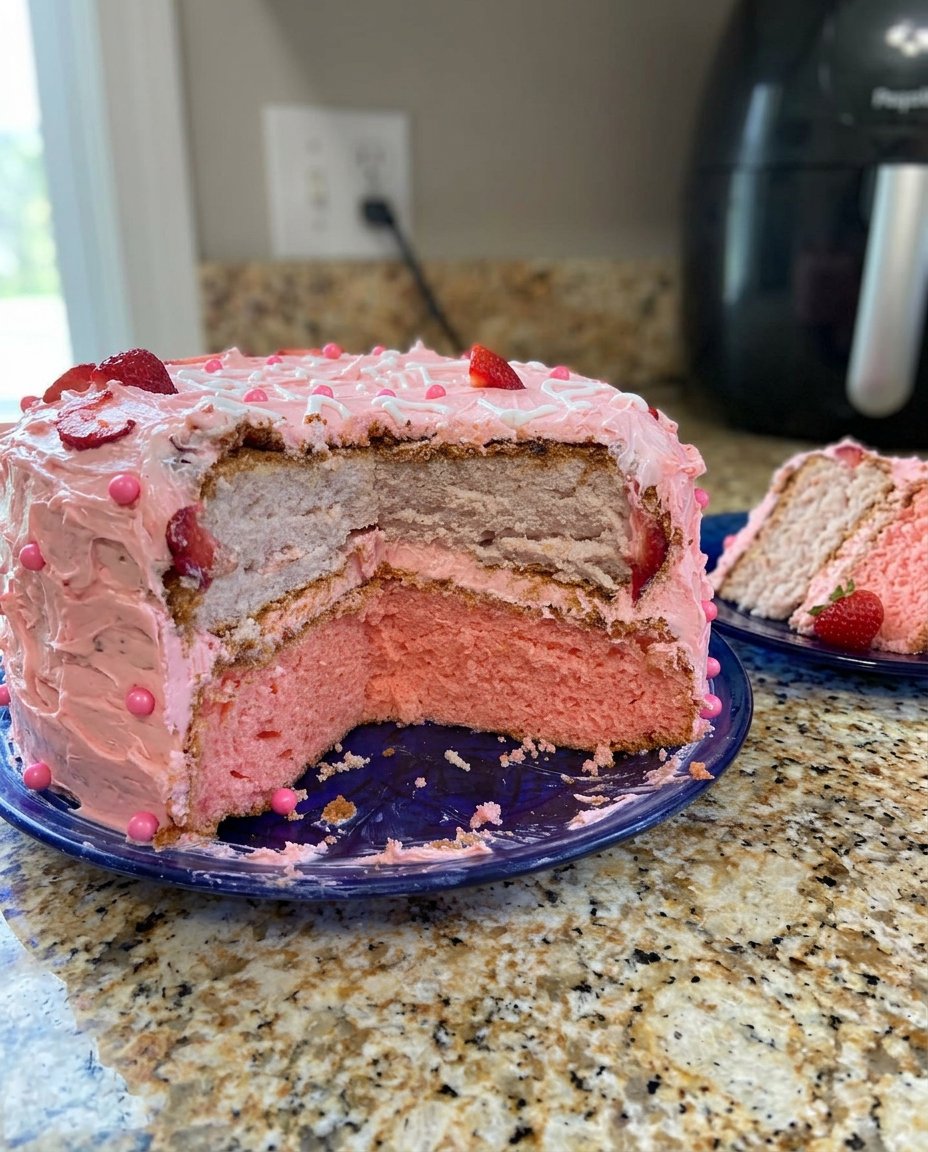 A hand using a pastry brush to apply clear prosecco syrup to a golden cake layer with small holes poked in it.