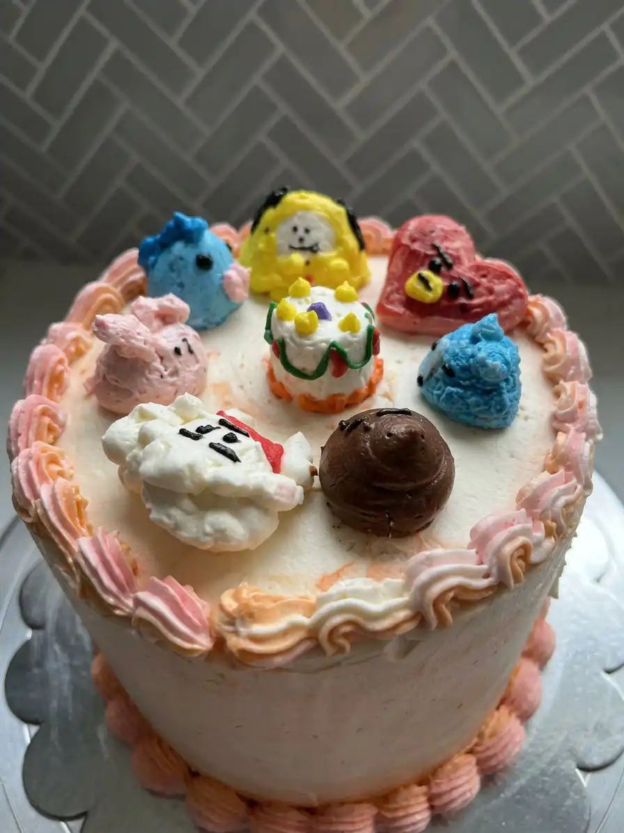 Ingredients for Bts Cake laid out in bowls with a kitchen scale nearby