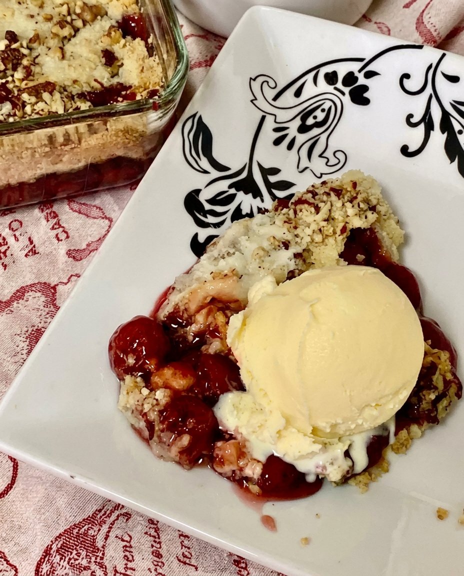 Close up of thin butter slices arranged in a grid pattern over a layer of dry cake mix and pecans.