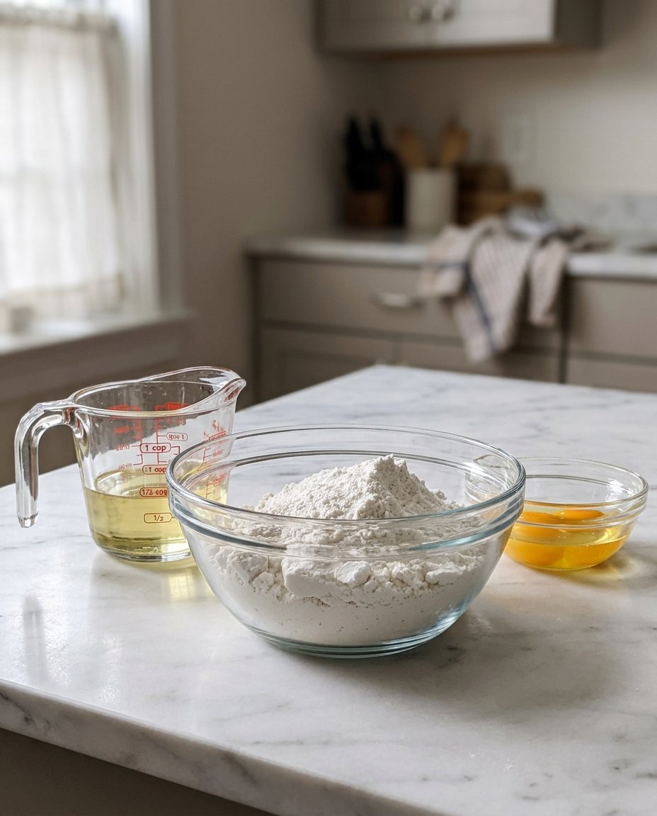 A box of cake mix, two eggs, and a measuring cup of oil on a marble counter