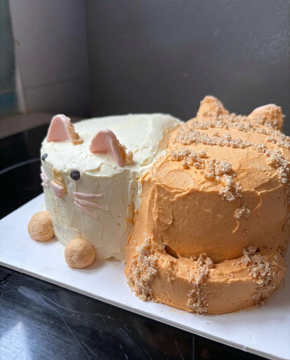 A tall chocolate cat cake with dark ganache drips and a crunchy cereal topping.