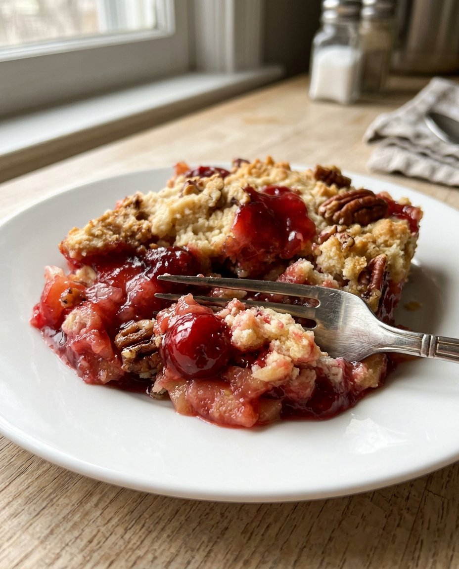 A 9x13 pan showing the distinct layers of pineapple, cherry filling, and dry cake mix before baking.