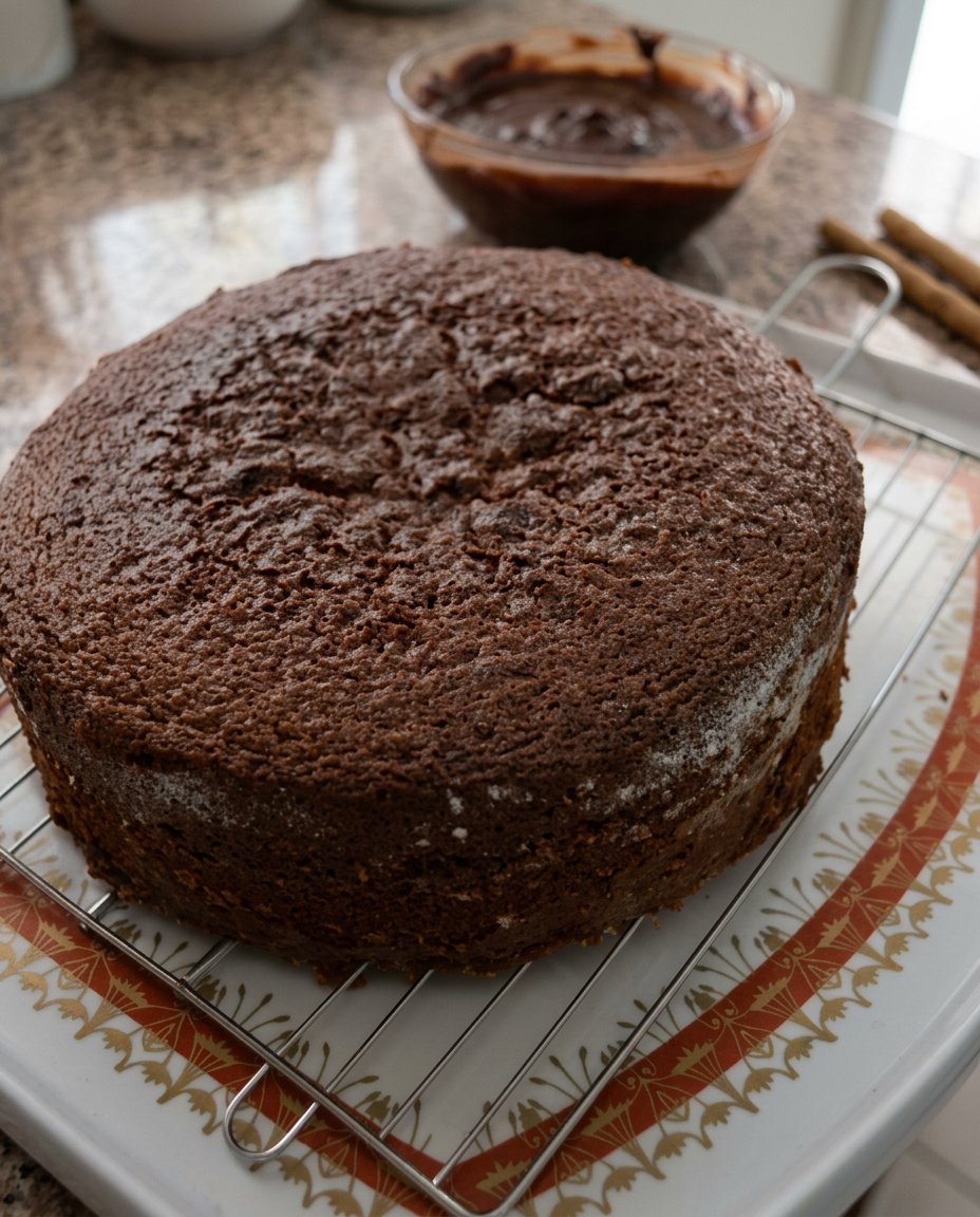 A rustic chocolate birthday cake sitting on a weathered wooden farmhouse table