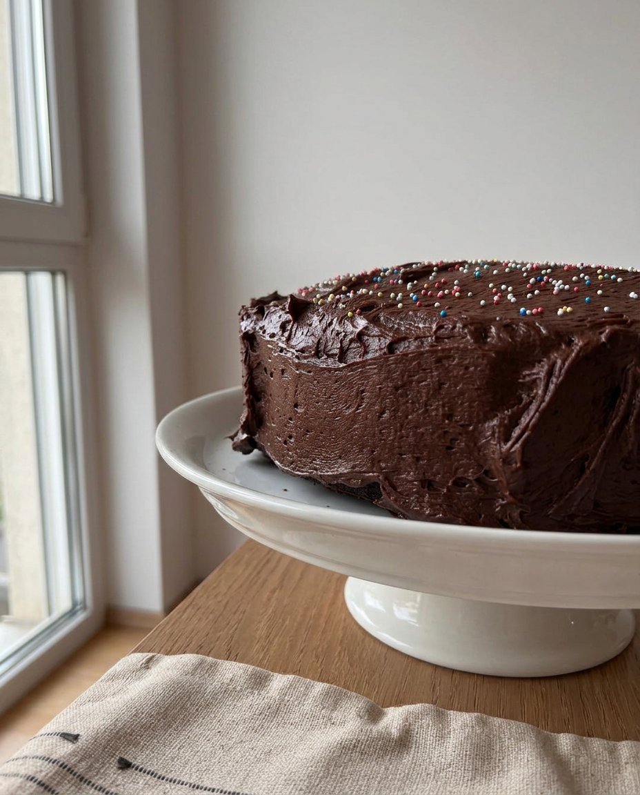 Baking ingredients for chocolate cake organized on a kitchen counter