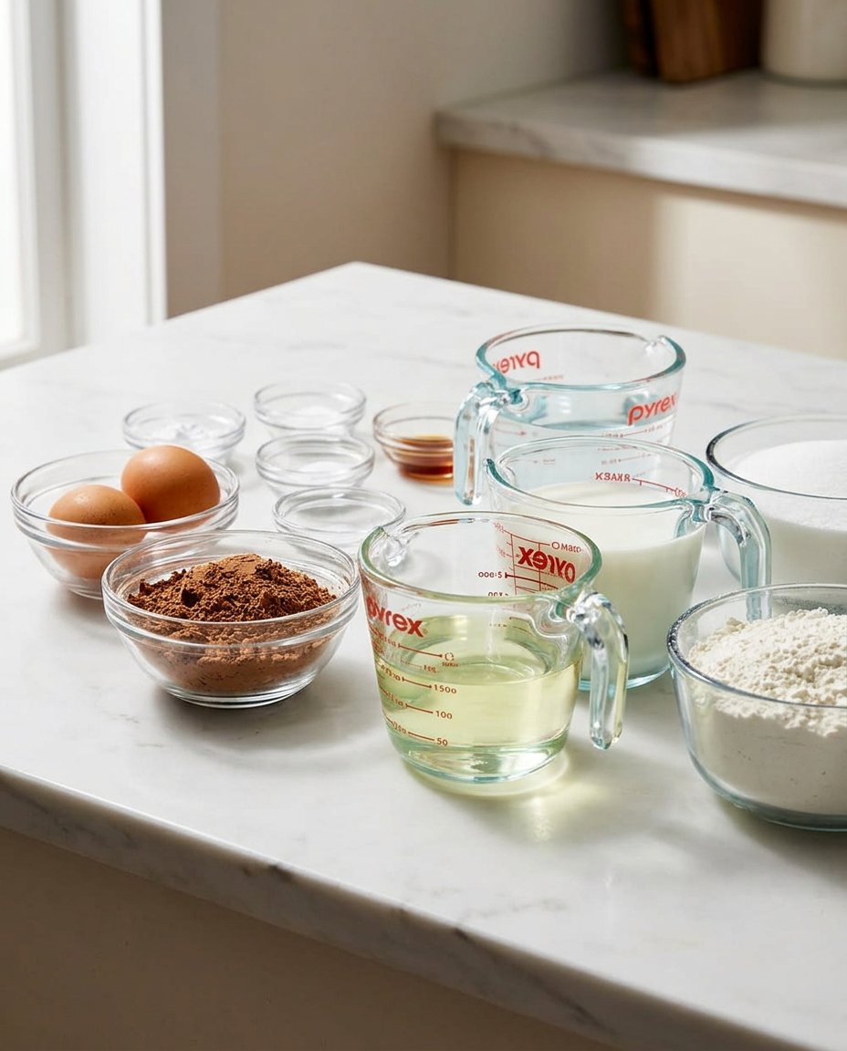 Baking ingredients like cocoa powder flour and eggs arranged on a wooden surface.