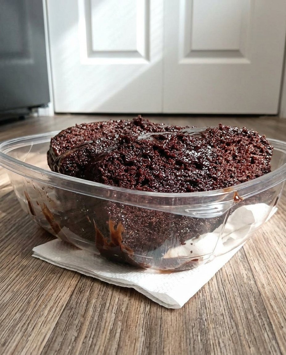 Two chocolate cake layers cooling upside down on a silver wire rack