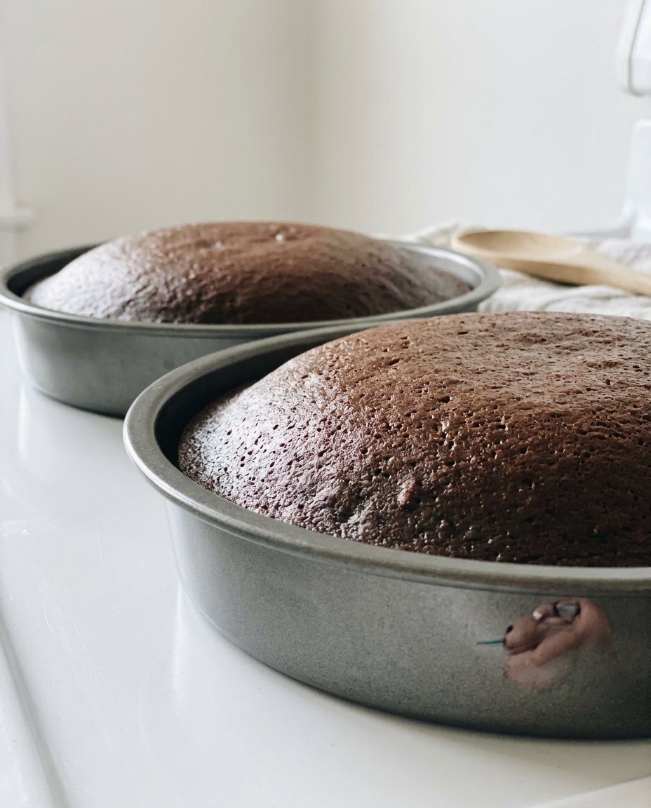 Precisely measured ingredients for a chocolate cake including golden caster sugar and cocoa powder.