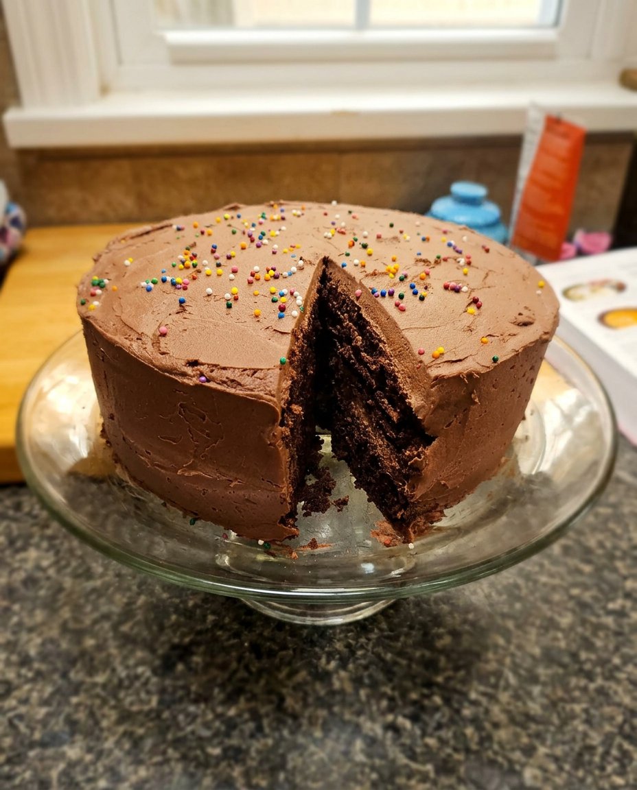 A fully frosted two layer chocolate cake with decorative swirls.