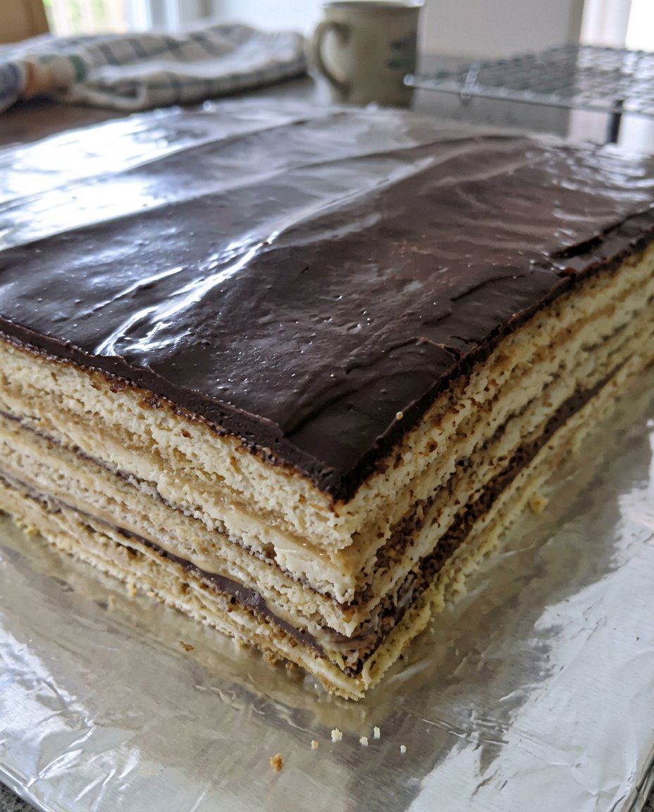 A perfectly sliced Opera Cake showing seven distinct layers of almond sponge and coffee cream.
