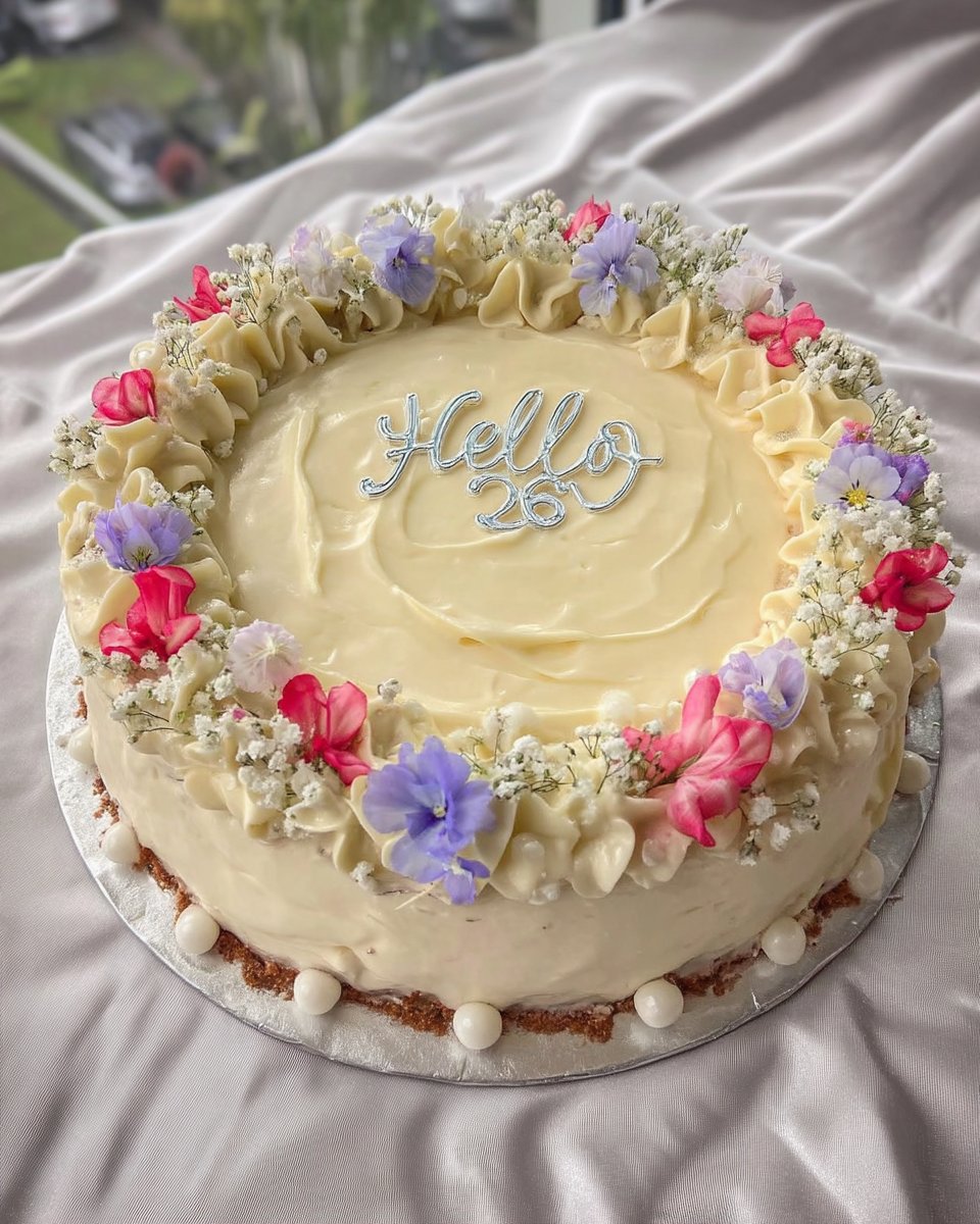 Close up view of the tender and moist pink crumb of the floral cake.