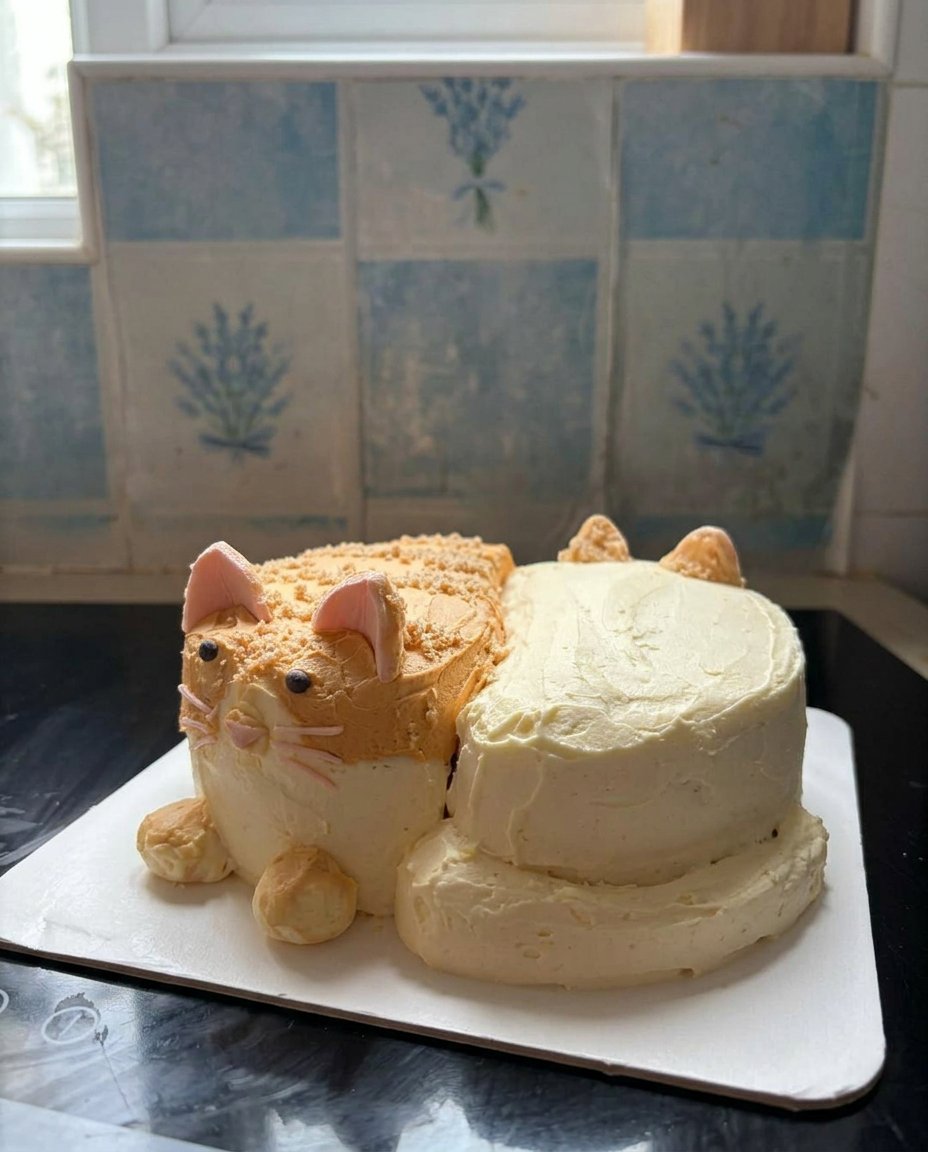 Cat Cake 12 Measured ingredients for a chocolate cake including dark cocoa powder and strong coffee.