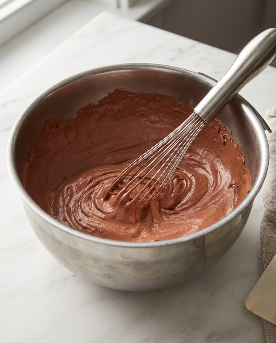 Close up of egg yolks and sugar beaten to the ribbon stage with cocoa powder.