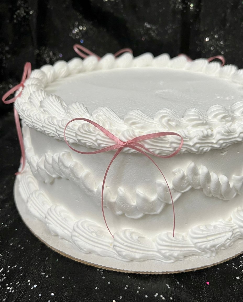 A pink heart cake sitting on a rustic wooden cake stand with linen napkins