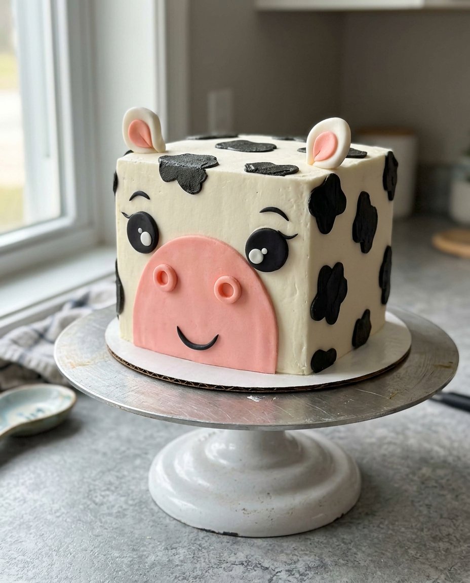 A cow cake showing distinct black and white marble patterns in the crumb