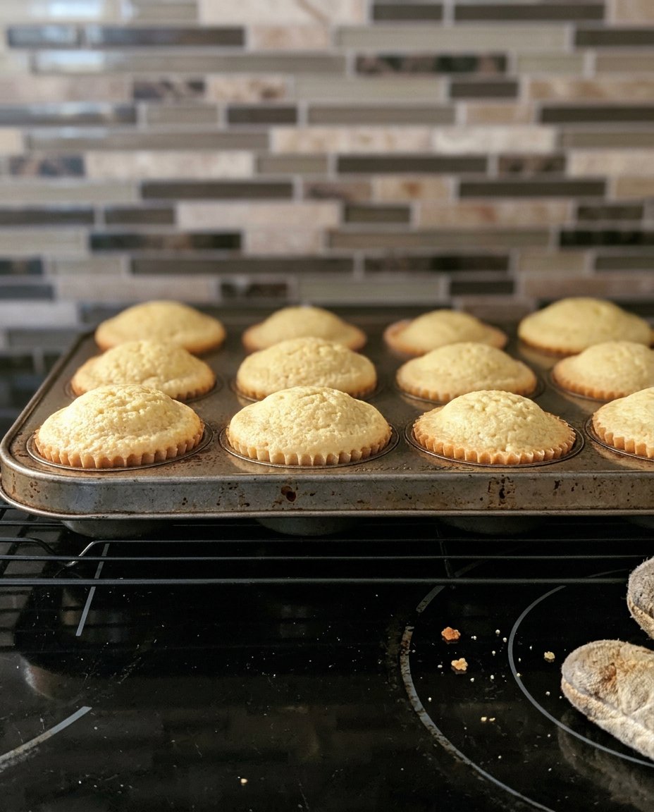 A wooden spoon mixing pale butter and sugar in a ceramic bowl