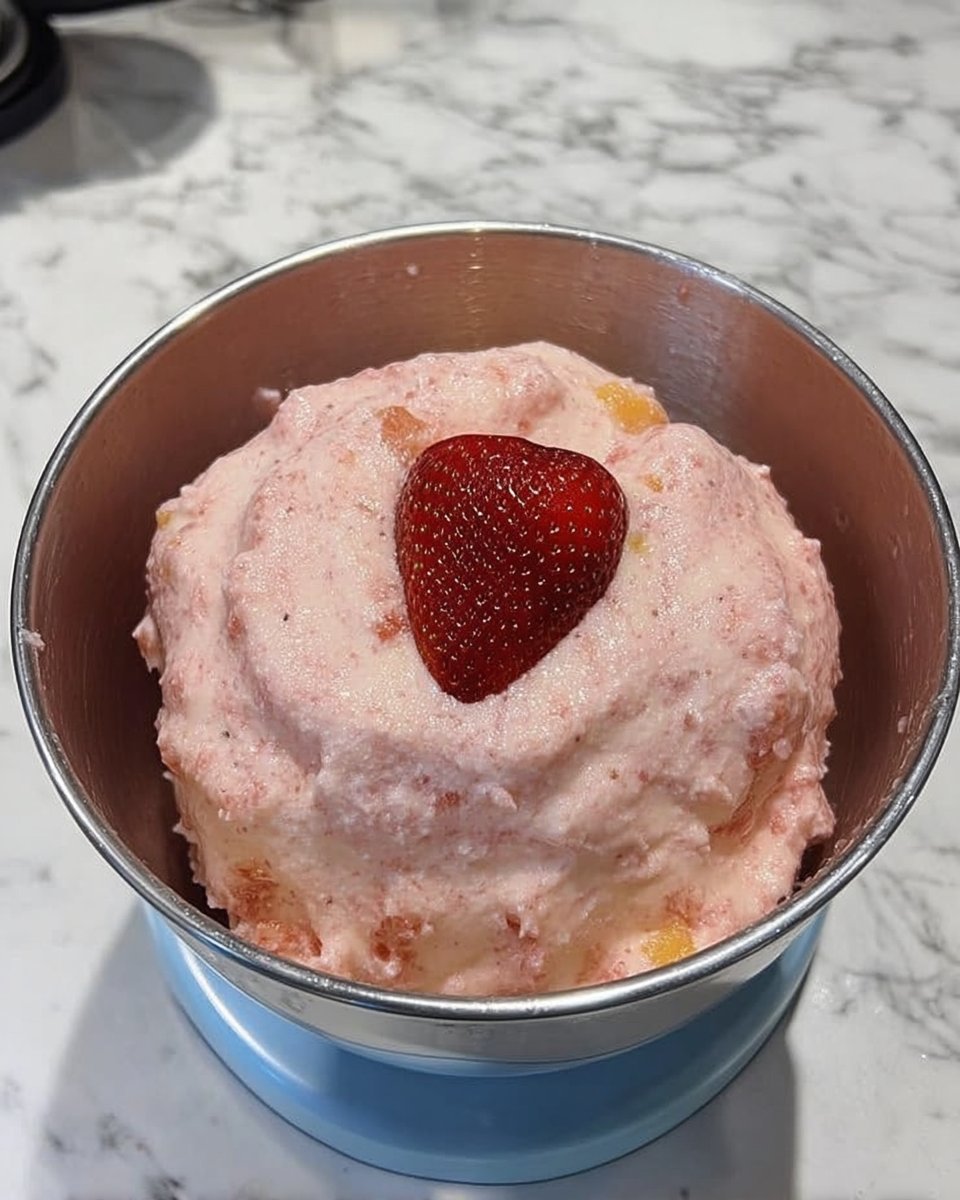 A stand mixer creaming butter and sugar until pale and fluffy for a strawberry cake.