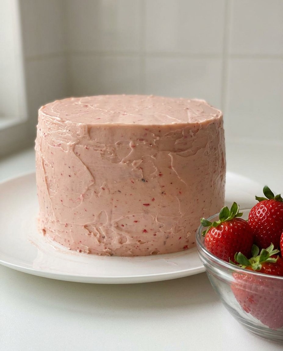 Mixing cream cheese and strawberry puree into cake batter