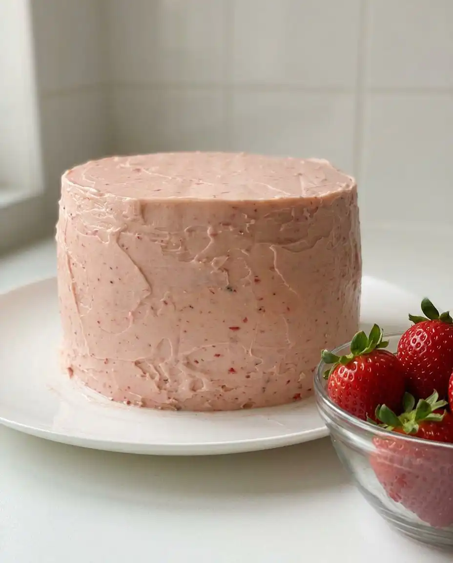 Mixing cream cheese and strawberry puree into cake batter