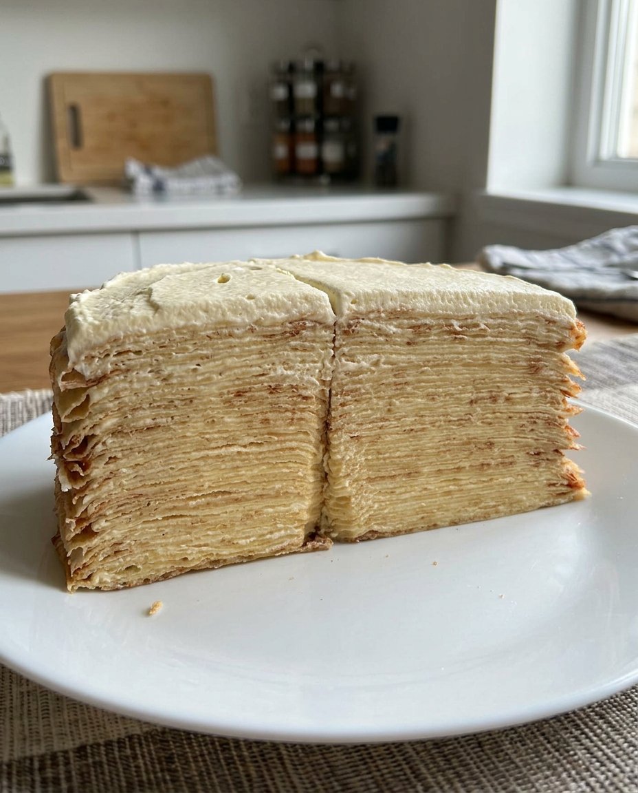 Checking the consistency of rested crepe batter with a ladle