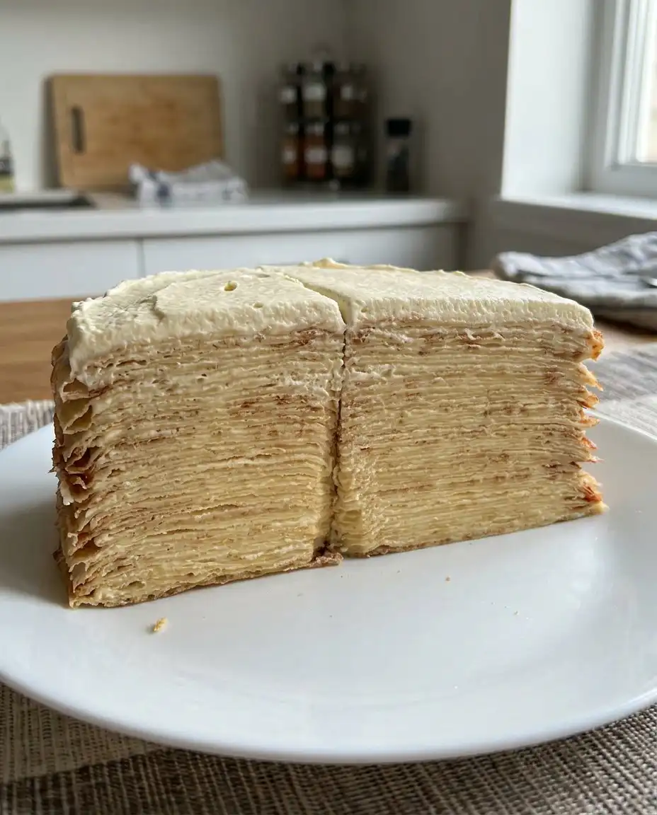 Crepe Cake 13 Checking the consistency of rested crepe batter with a ladle