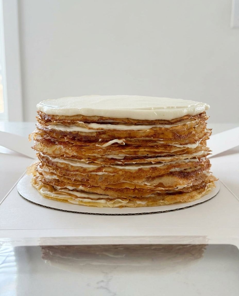 A professional cross section of a chocolate crepe cake showing twenty even layers