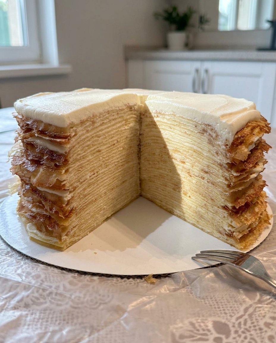 Measured ingredients for crepe cake including flour milk and eggs