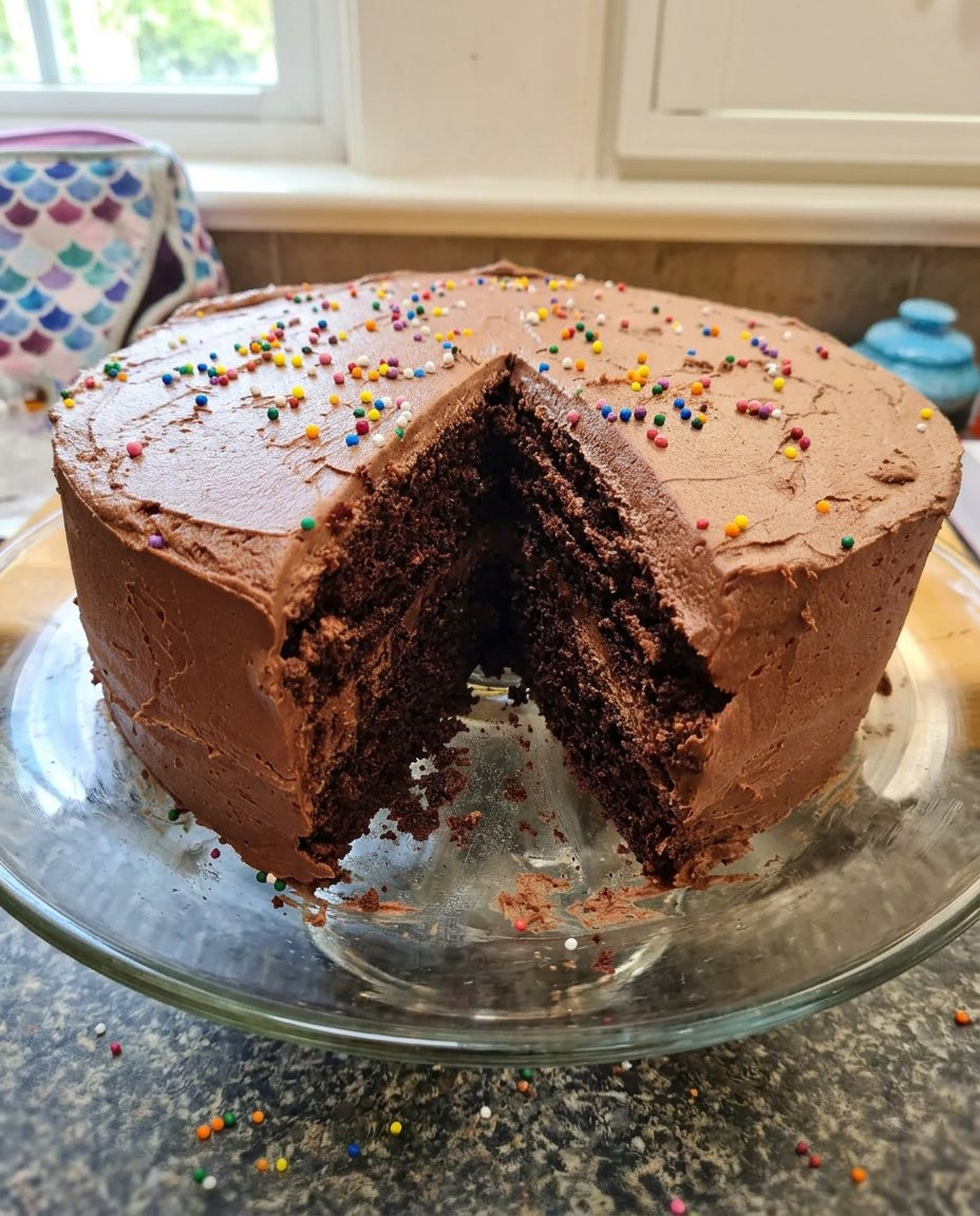 A moist slice of homemade chocolate cake on a white porcelain plate.