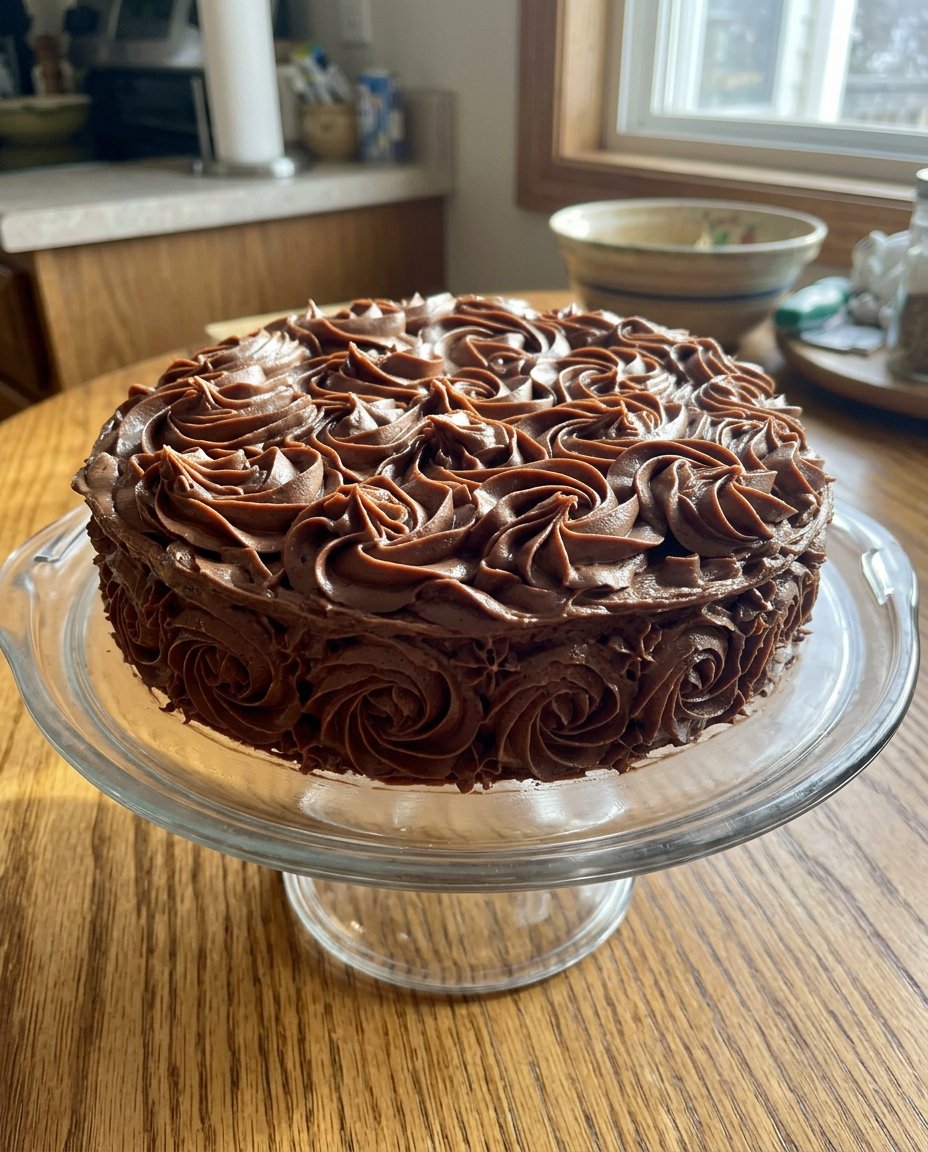 A clean slice of decorated chocolate cake served on a plate.