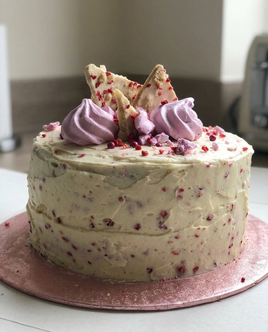 A close up slice of strawberry prosecco cake on a plate showing the jam filling and tender crumb.