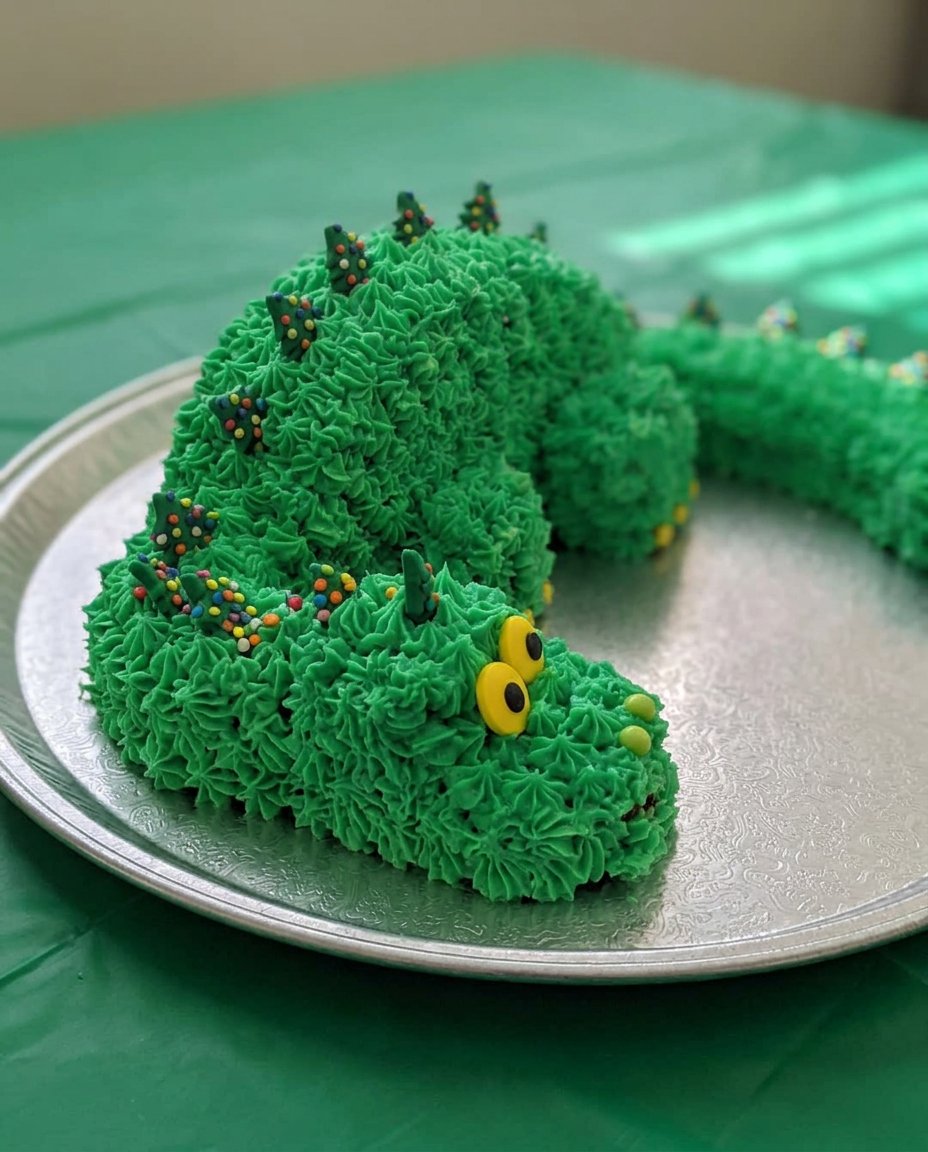 A professional turquoise dino cake with chocolate ganache and dinosaur figurines.