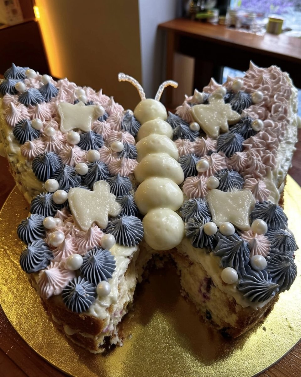 A hand dusting a butterfly cake with icing sugar using a small sieve