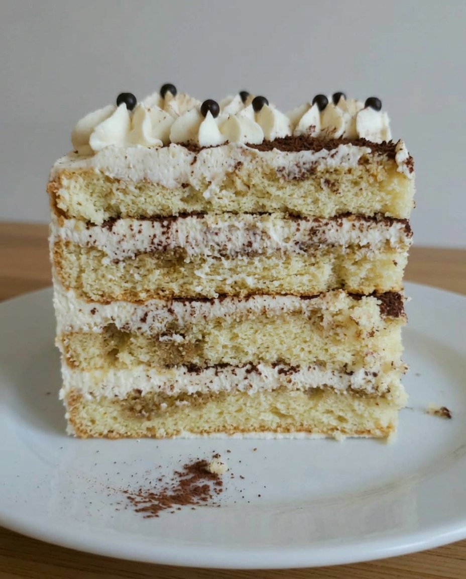 Close up of cocoa powder being sifted over a tiramisu cake