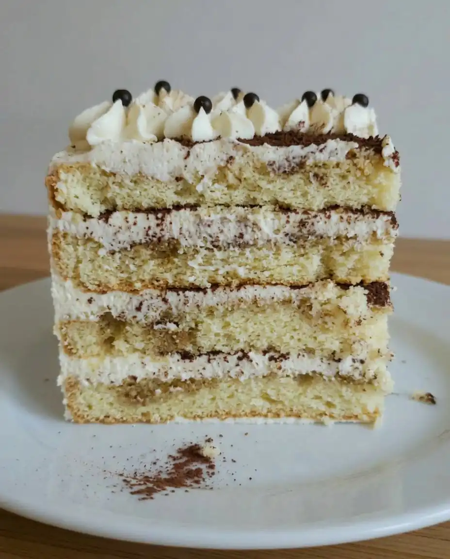 Close up of cocoa powder being sifted over a tiramisu cake