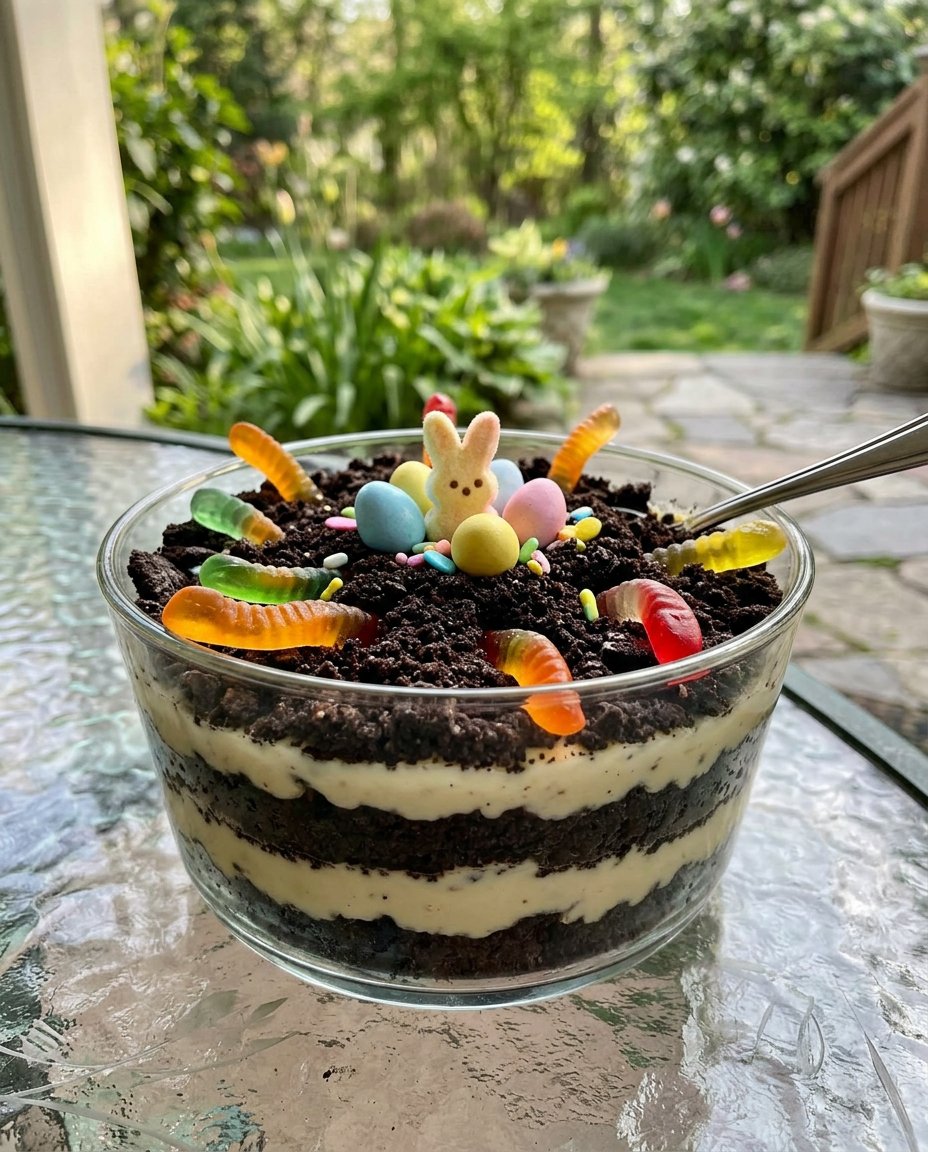 Cross section of Easter dirt cake showing cookie base and creamy layers
