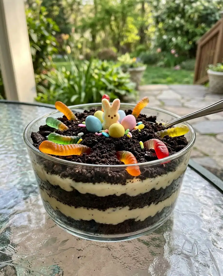 Easter Dirt Cake 10 Cross section of Easter dirt cake showing cookie base and creamy layers