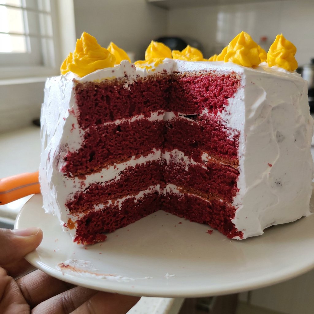 Red Cake 12 Baking ingredients including buttermilk, eggs, flour, and cocoa powder on a wooden table