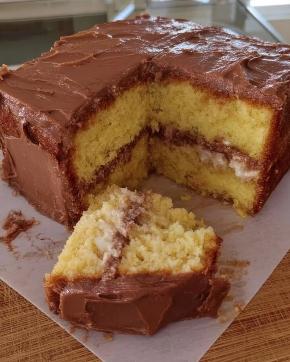 A classic yellow cake with thick chocolate buttercream frosting on a rustic wooden table